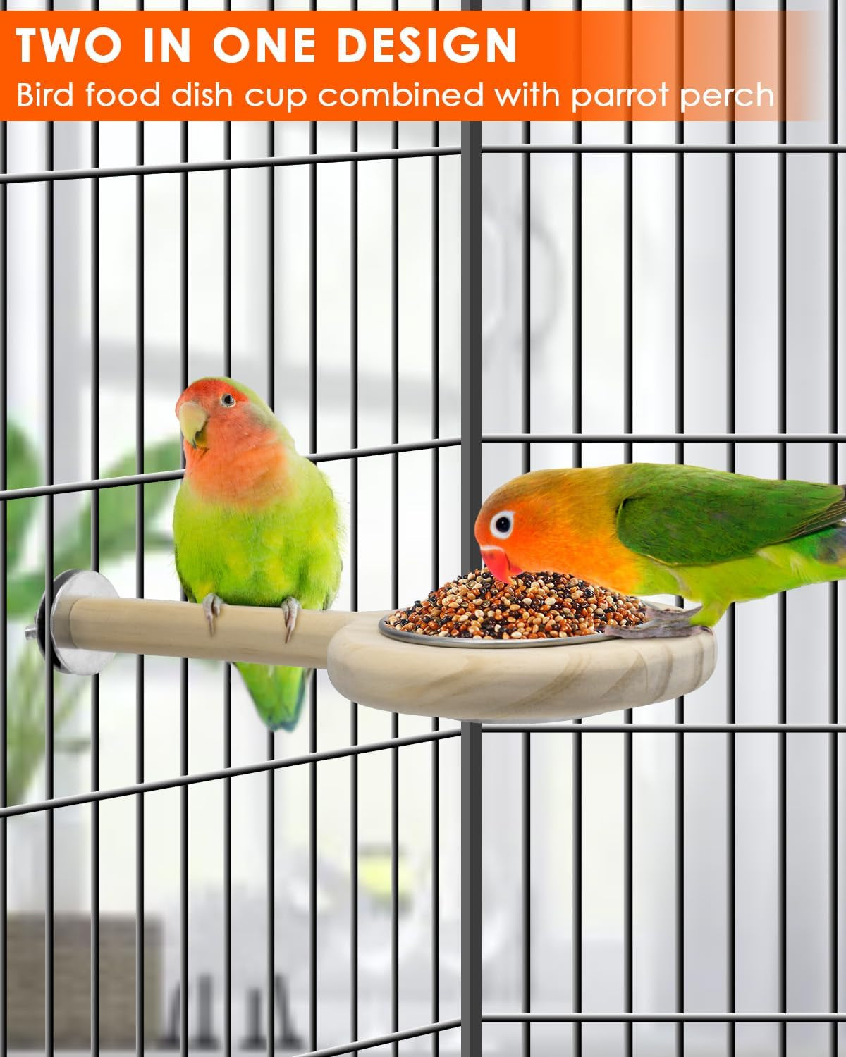Bird Perch Bird Feeding Cup Parrot Wood Perch Stand Toy Bird Cage Accessory for Parakeet Lovebird Conure Budgie Canary Finch Small Parrots