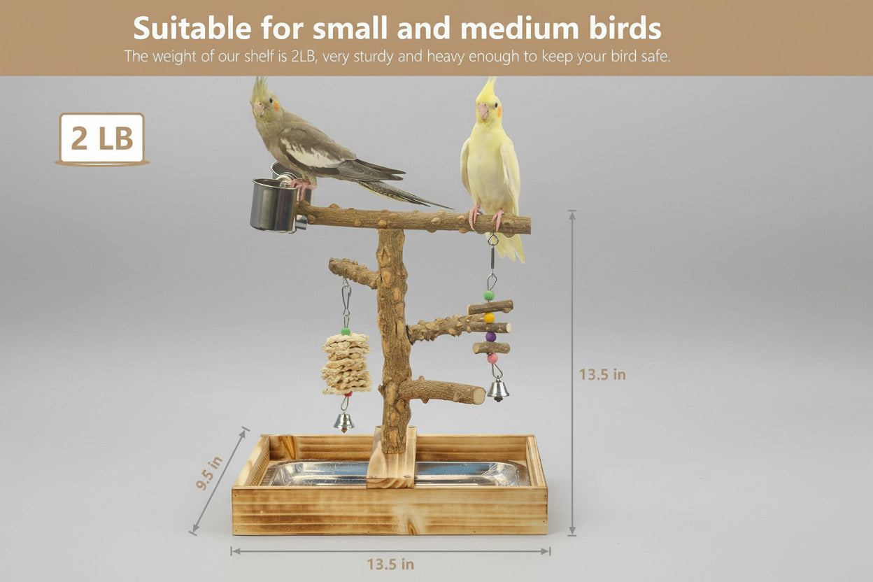 Natural Wood Bird Toys Playground, Bird Cage Accessories, Bird Perches, with Removable Tray and 2 Stainless Steel Cups