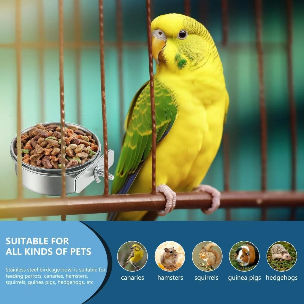 2Pcs Stainless Steel Bird Feeding Bowls, Small Bird Feeding Cup, Stainless Steel Parrot Food Bowl Cage with Holder, Parrot Cage Water Feeder, Pet Cage Cup Holder (Dia 3.93", 4.72",)