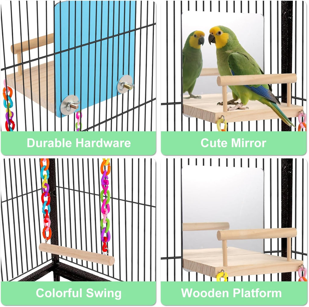 bird Perch Platform Bird Toys with Bird Mirror Climbing Ladder Swing, Parakeet Cage Accessories - for Cockatiels, Lovebirds, Budgies,Pacific Parrotlets,Finch,Canaries - Wooden Play Gym