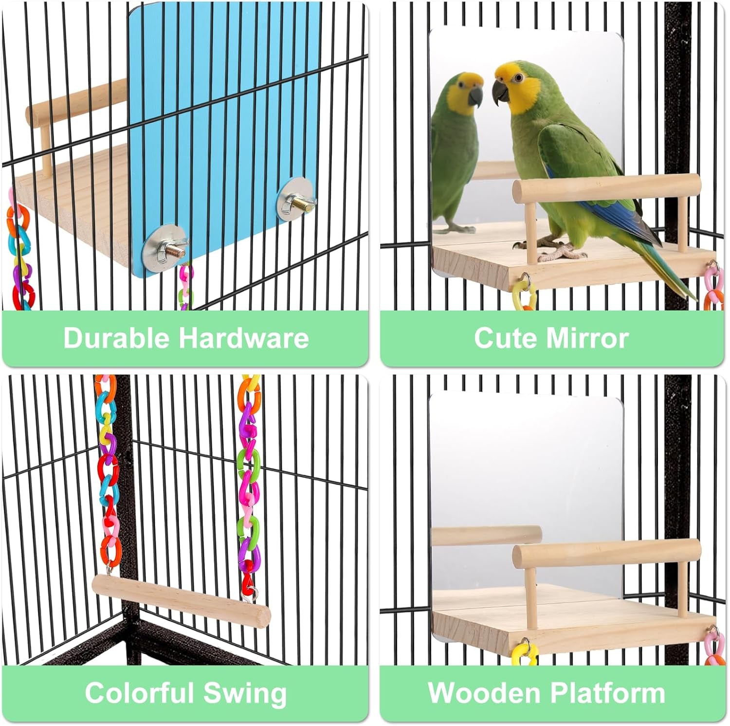 bird Perch Platform Bird Toys with Bird Mirror Climbing Ladder Swing, Parakeet Cage Accessories - for Cockatiels, Lovebirds, Budgies,Pacific Parrotlets,Finch,Canaries - Wooden Play Gym