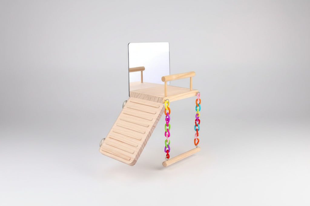 bird Perch Platform Bird Toys with Bird Mirror Climbing Ladder Swing, Parakeet Cage Accessories - for Cockatiels, Lovebirds, Budgies,Pacific Parrotlets,Finch,Canaries - Wooden Play Gym