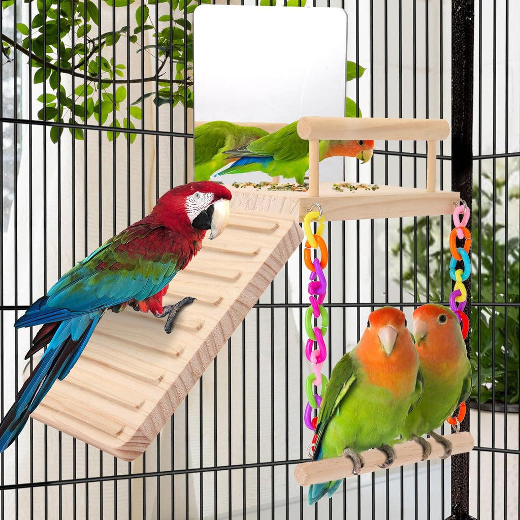 bird Perch Platform Bird Toys with Bird Mirror Climbing Ladder Swing, Parakeet Cage Accessories - for Cockatiels, Lovebirds, Budgies,Pacific Parrotlets,Finch,Canaries - Wooden Play Gym