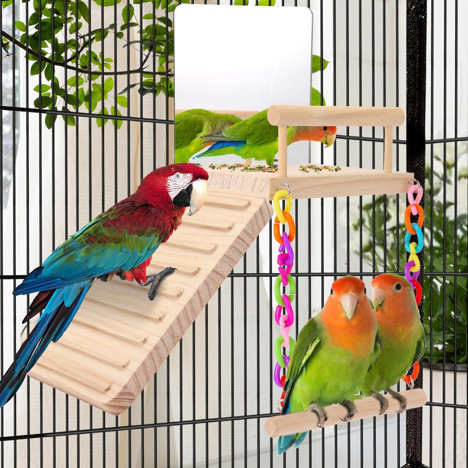 bird Perch Platform Bird Toys with Bird Mirror Climbing Ladder Swing, Parakeet Cage Accessories - for Cockatiels, Lovebirds, Budgies,Pacific Parrotlets,Finch,Canaries - Wooden Play Gym
