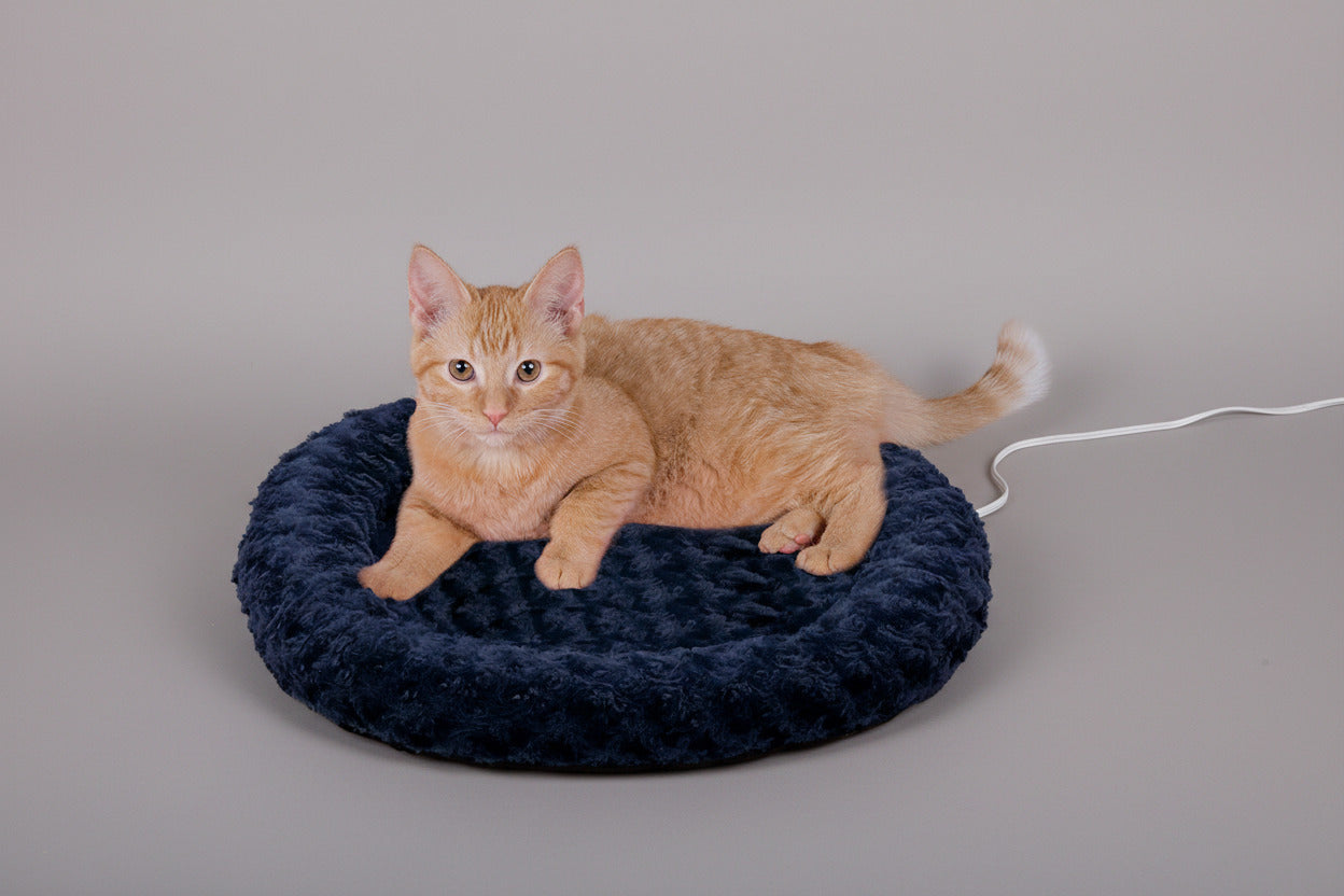 Cozy Heated Cat Bed with Orthopedic Foam - Thermo-Kitty Fashion Splash for Ultimate Comfort and Safety, Small 18" Round in Blue