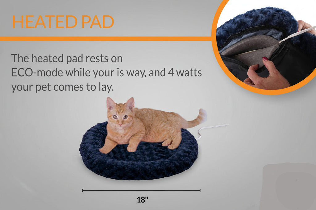 Cozy Heated Cat Bed with Orthopedic Foam - Thermo-Kitty Fashion Splash for Ultimate Comfort and Safety, Small 18" Round in Blue