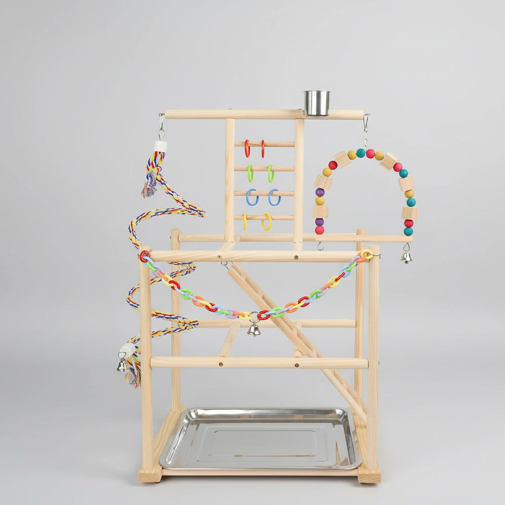 Bird Playground, Parrots Playstand for Small to Medium Birds, Perch Stand with 3 Ladders Playgym with Rope Perch, Swings Feeder Cups Bird Cage Accessories for Conure Cockatiel Lovebirds