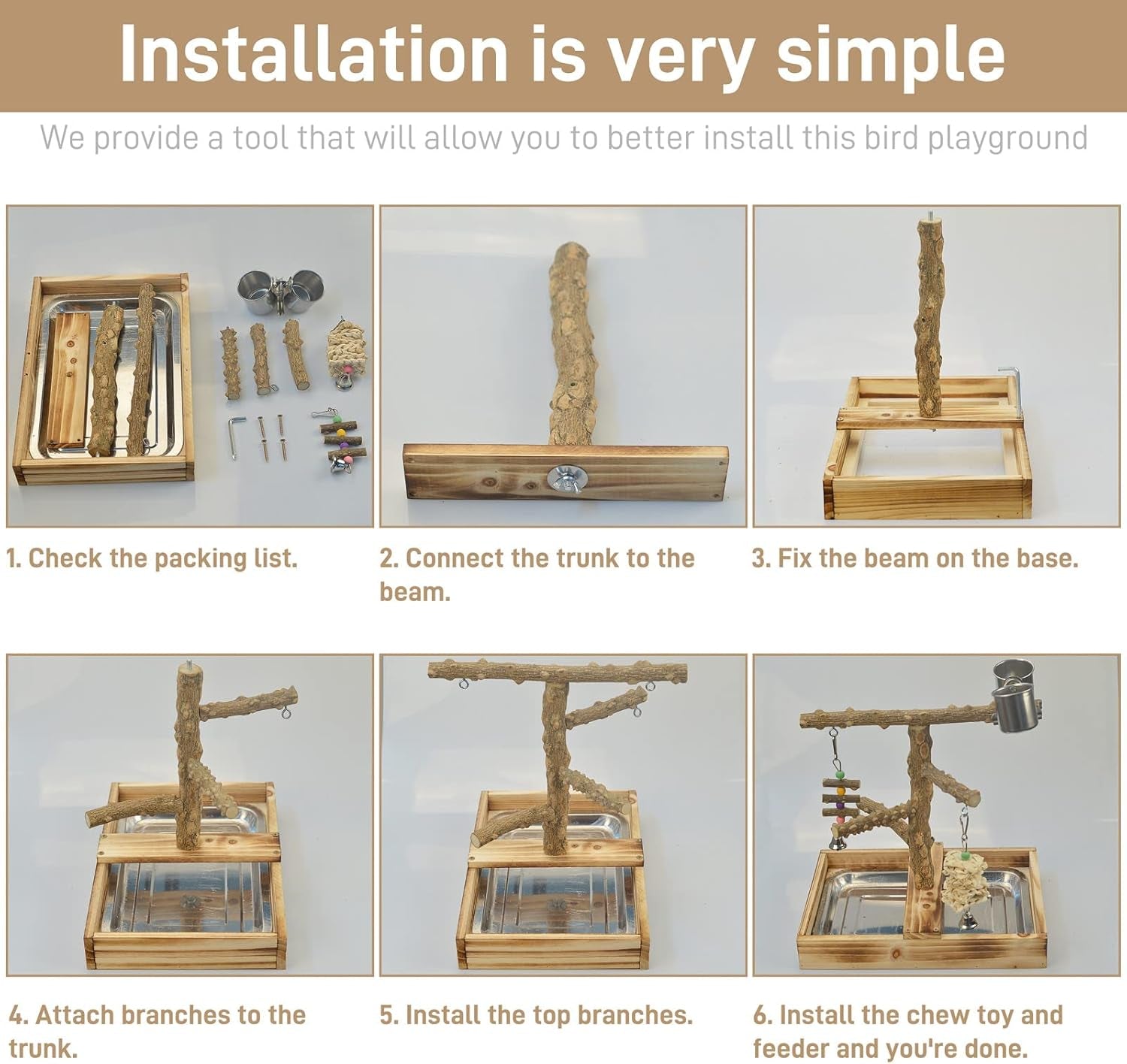 Natural Wood Bird Toys Playground, Bird Cage Accessories, Bird Perches, with Removable Tray and 2 Stainless Steel Cups