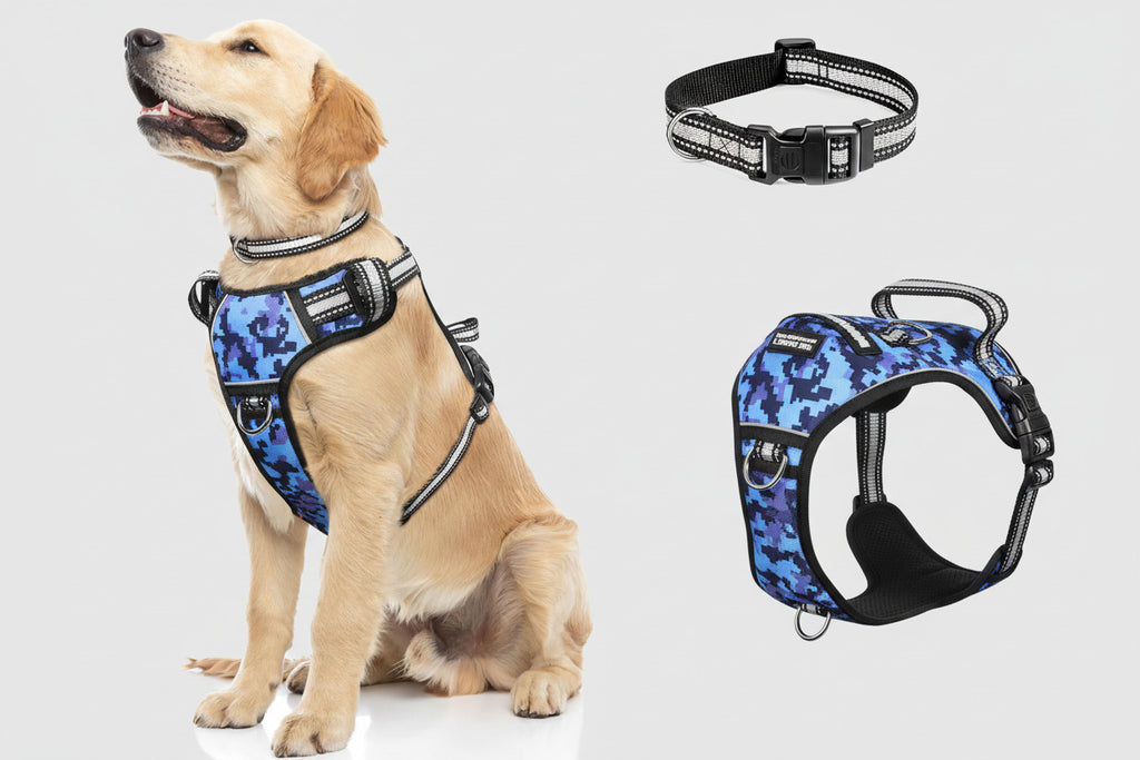 Dog Harness No Pull, Pet Harnesses with Dog Collar, Adjustable Reflective Oxford Outdoor Vest, Front/Back Leash Clips for Small, Medium, Large, Extra Large Dogs, Easy Control Handle for Walking