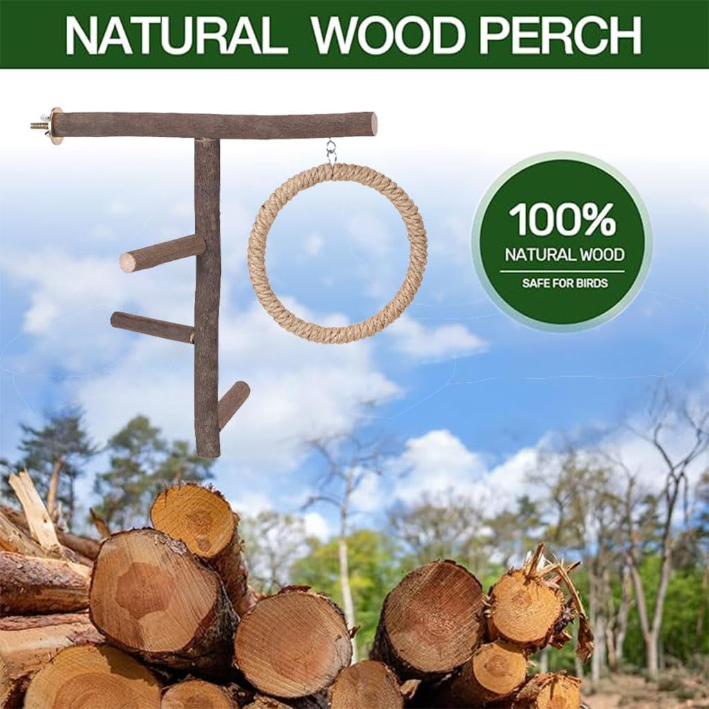 Bird Branch Perch Swing Toys, Natural Wood Parrot Cage Accessories for Parakeets, Cockatiels, Conures, Budgies,Finches, Love Birds, Small & Medium Birds