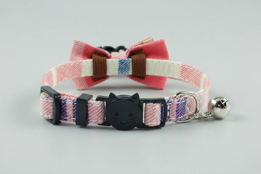 Charming Pink Plaid Breakaway Cat Collar with Bow Tie and Bell - Adjustable Safety Collar for Kittens and Cats (6.8-10.8 in)
