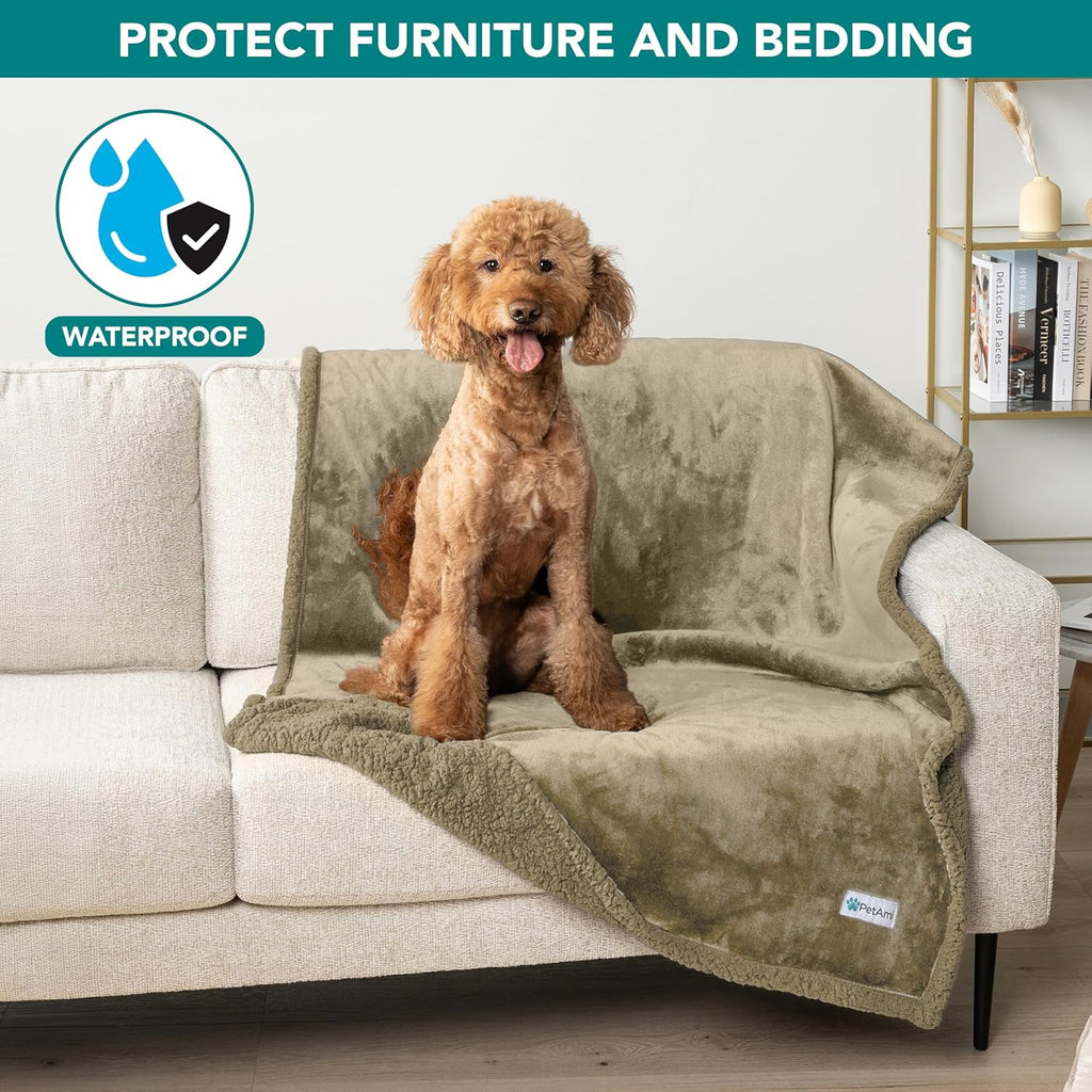 Luxurious Waterproof Dog Blanket - Reversible Sherpa Fleece Throw for Medium to Large Pets - 60x40 Inches in Taupe