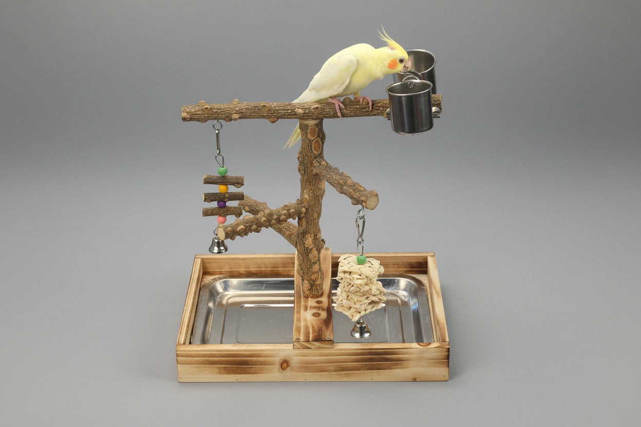 Natural Wood Bird Toys Playground, Bird Cage Accessories, Bird Perches, with Removable Tray and 2 Stainless Steel Cups