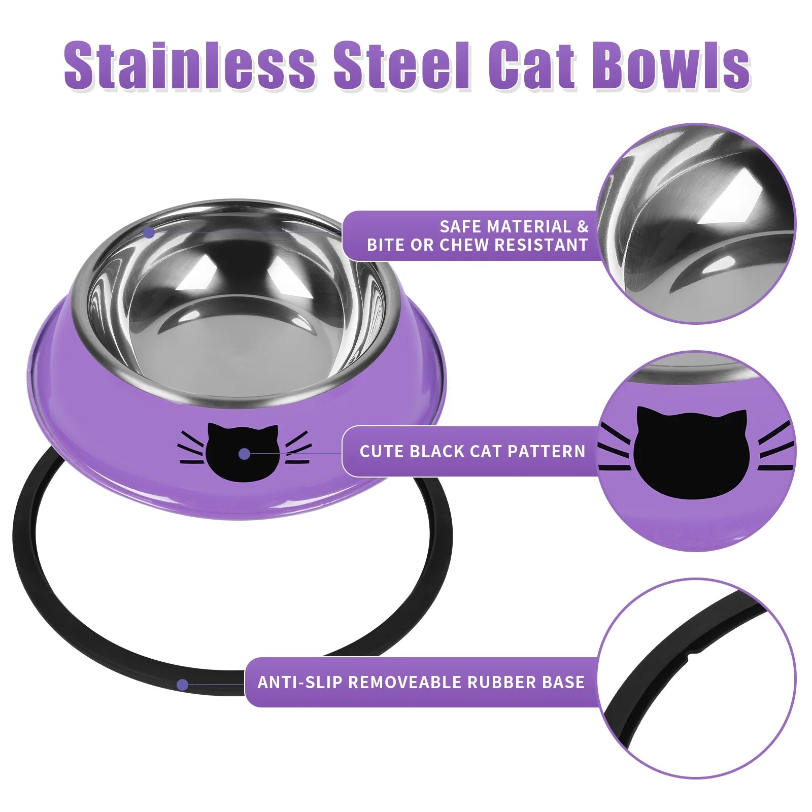 3Pcs Cat Bowls Non-Slip Stainless Steel Small Cat Food Bowls Unbreakable Thicken Cat Feeder 7 Oz Cat Dishes Suitable for Indoor Small Pets Removable Rubber Base Easily Clean Lovely Color