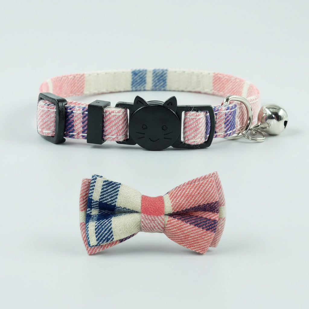 Charming Pink Plaid Breakaway Cat Collar with Bow Tie and Bell - Adjustable Safety Collar for Kittens and Cats (6.8-10.8 in)