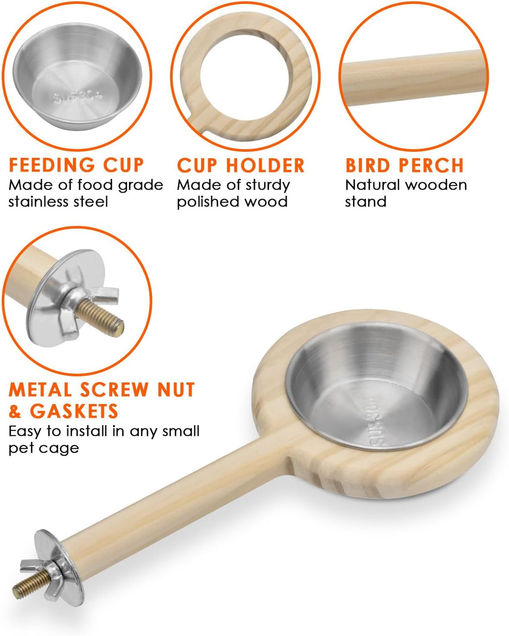 Bird Perch Bird Feeding Cup Parrot Wood Perch Stand Toy Bird Cage Accessory for Parakeet Lovebird Conure Budgie Canary Finch Small Parrots