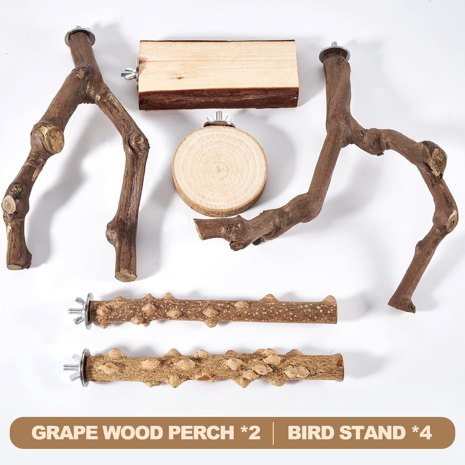 6-Piece Bird Perch Set - Natural Wood Grape Sticks, Paw Grinding Forks, Bird Stand & Toys for Parakeets, Cockatiels, Conure, Budgies