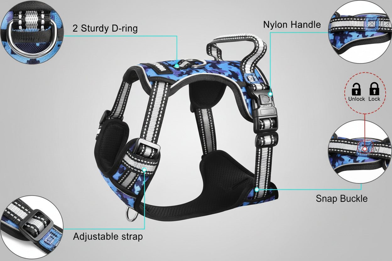 Dog Harness No Pull, Pet Harnesses with Dog Collar, Adjustable Reflective Oxford Outdoor Vest, Front/Back Leash Clips for Small, Medium, Large, Extra Large Dogs, Easy Control Handle for Walking
