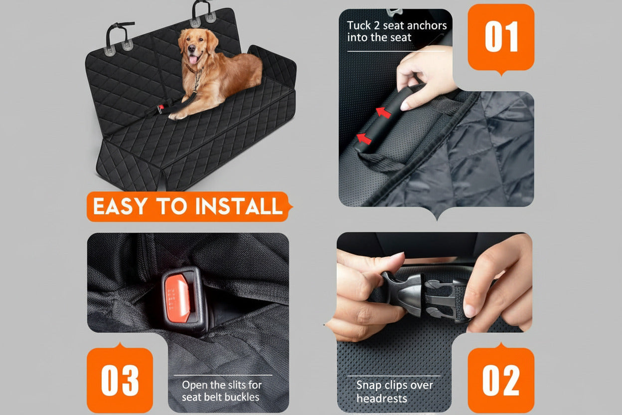 Premium Waterproof Dog Car Seat Cover - Non-Slip Back Seat Protector for Pets, Compatible with Most Cars, Trucks, and SUVs - Black