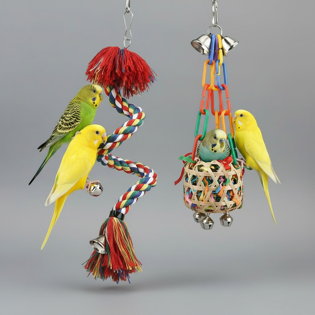 Bird Toys Rope Perch with Bell Colorful Bird Chewing Shredding Foraging Toys Parrot Swing Climbing Standing Hanging Toys Cage Accessories for Conure Cockatiel Budgies Lovebird