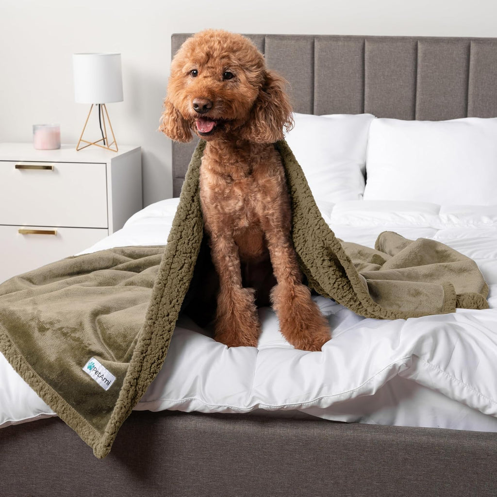 Luxurious Waterproof Dog Blanket - Reversible Sherpa Fleece Throw for Medium to Large Pets - 60x40 Inches in Taupe