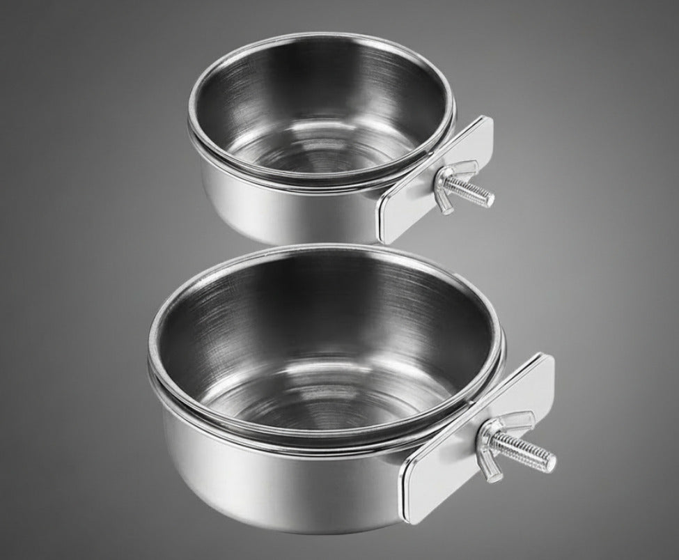 2Pcs Stainless Steel Bird Feeding Bowls, Small Bird Feeding Cup, Stainless Steel Parrot Food Bowl Cage with Holder, Parrot Cage Water Feeder, Pet Cage Cup Holder (Dia 3.93", 4.72",)