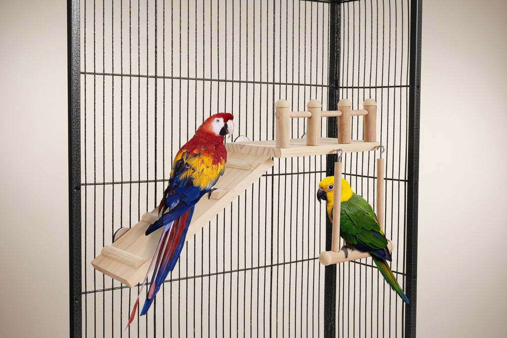 Bird Perches Platform Swing with Climbing Ladder, Parakeet Cage Accessories Wooden Playing Gyms Exercise Sturdy for Small Birds