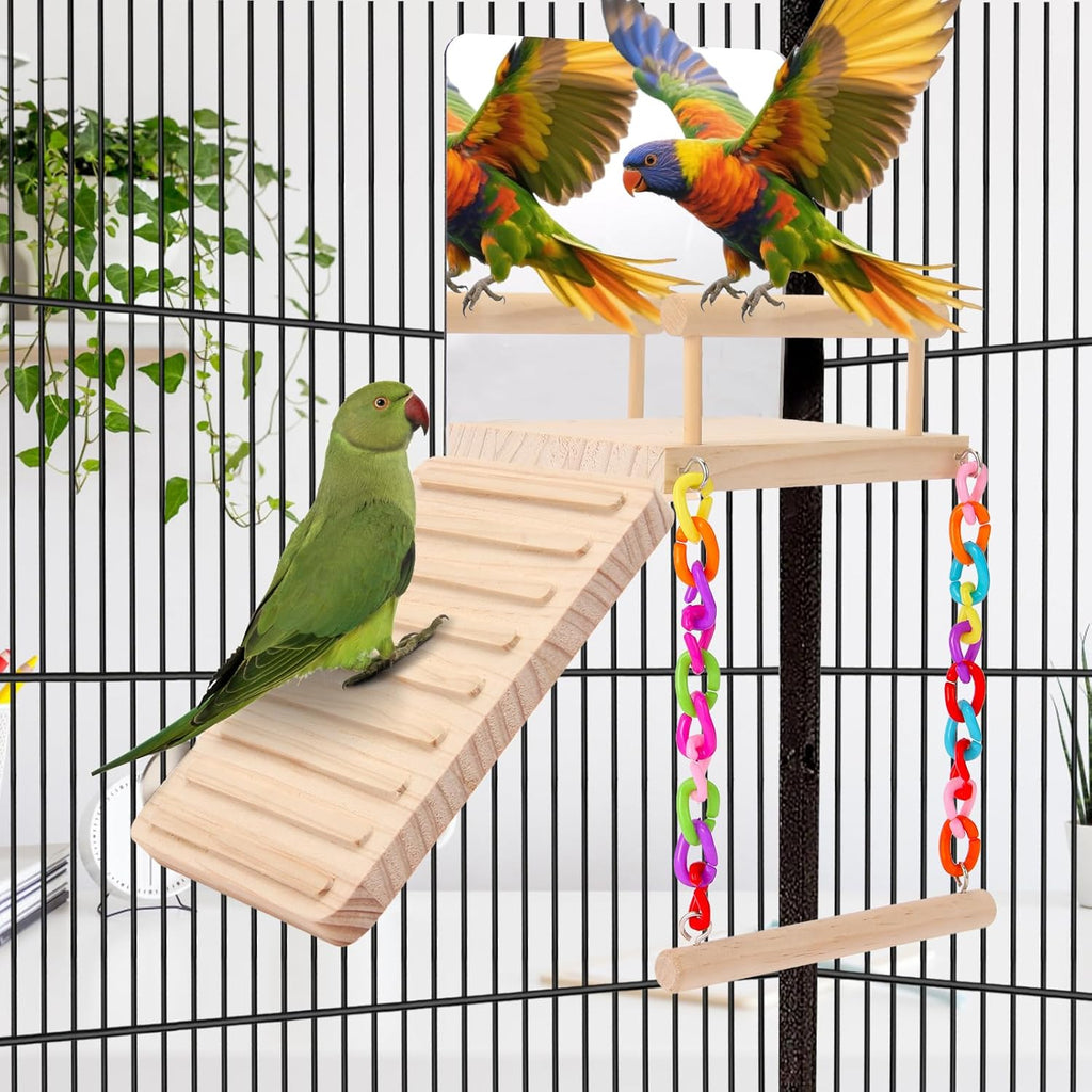 bird Perch Platform Bird Toys with Bird Mirror Climbing Ladder Swing, Parakeet Cage Accessories - for Cockatiels, Lovebirds, Budgies,Pacific Parrotlets,Finch,Canaries - Wooden Play Gym