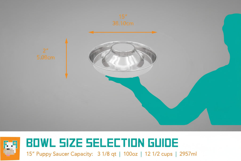 Stainless Steel Puppy Kitten Bowls: Welping Dishes for Weaning Puppies & Kittens, Wide Non-Tip Base, Slow Feeder, 15" (PS-15)