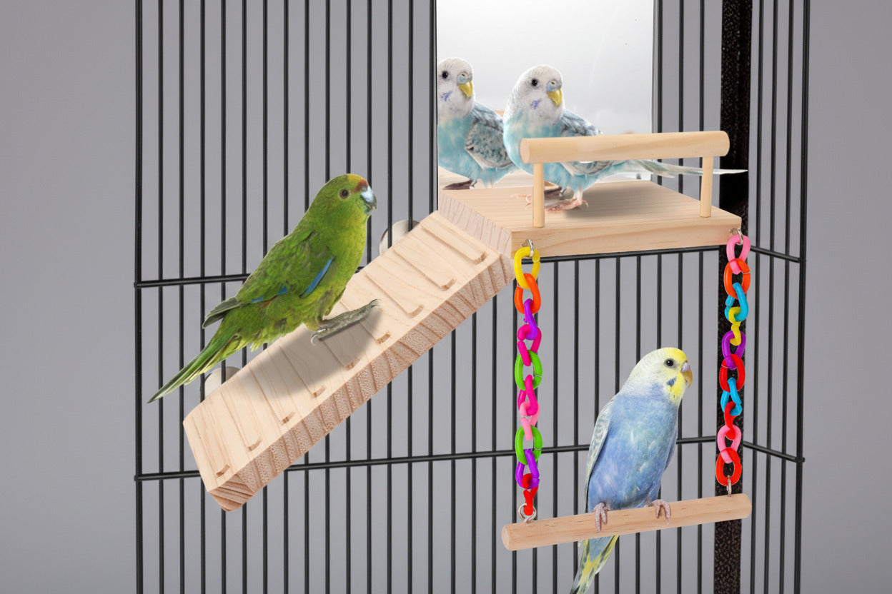 bird Perch Platform Bird Toys with Bird Mirror Climbing Ladder Swing, Parakeet Cage Accessories - for Cockatiels, Lovebirds, Budgies,Pacific Parrotlets,Finch,Canaries - Wooden Play Gym