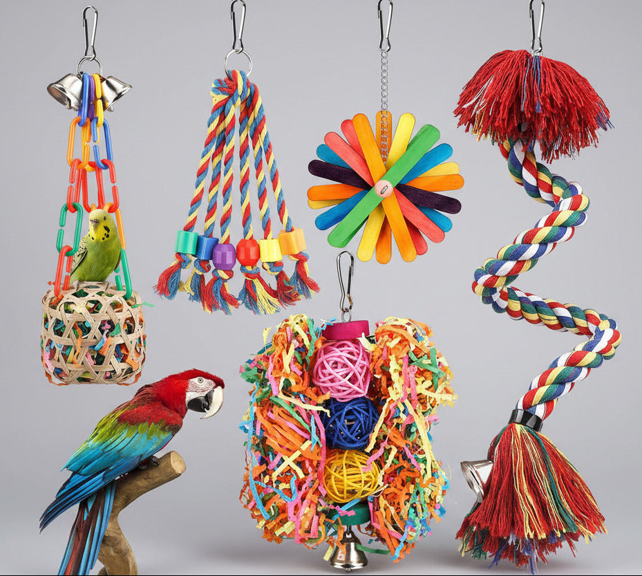Bird Toys Rope Perch with Bell Colorful Bird Chewing Shredding Foraging Toys Parrot Swing Climbing Standing Hanging Toys Cage Accessories for Conure Cockatiel Budgies Lovebird