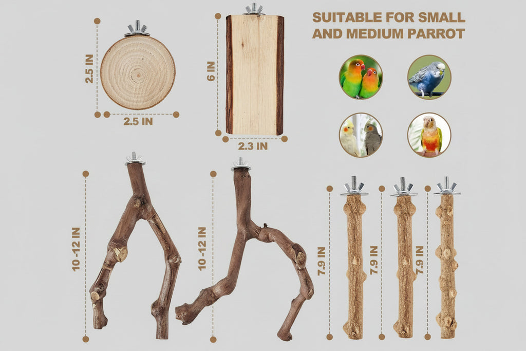 6-Piece Bird Perch Set - Natural Wood Grape Sticks, Paw Grinding Forks, Bird Stand & Toys for Parakeets, Cockatiels, Conure, Budgies