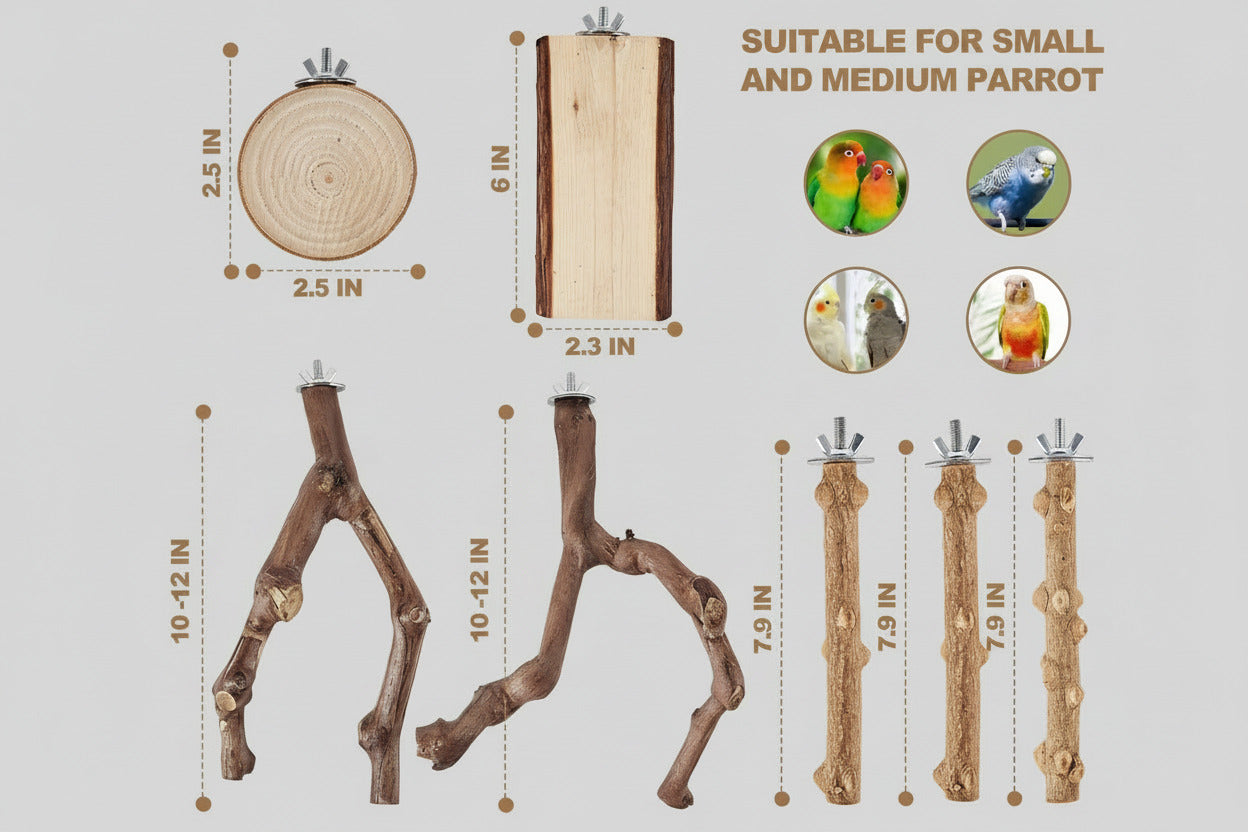 6-Piece Bird Perch Set - Natural Wood Grape Sticks, Paw Grinding Forks, Bird Stand & Toys for Parakeets, Cockatiels, Conure, Budgies