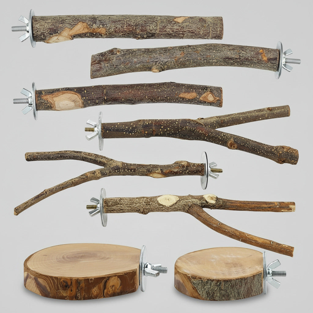 8-Piece Set Natural Wood Bird Perches - Wooden Parrot Stand with Fork Toys, Hanging Multi-Branch Platform, Hammock Swing - Suitable for Parakeets, Budgies - Durable Pet Bird Accessories