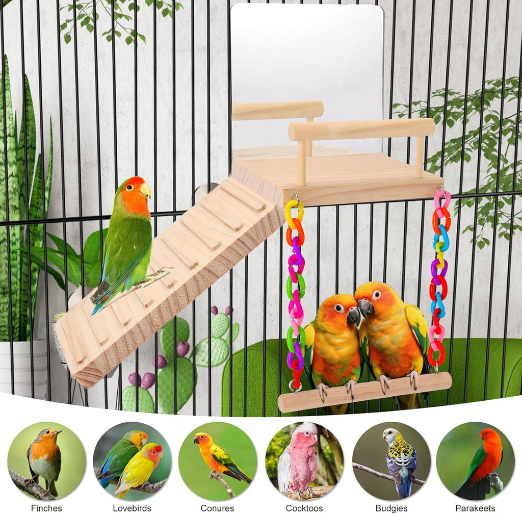 bird Perch Platform Bird Toys with Bird Mirror Climbing Ladder Swing, Parakeet Cage Accessories - for Cockatiels, Lovebirds, Budgies,Pacific Parrotlets,Finch,Canaries - Wooden Play Gym