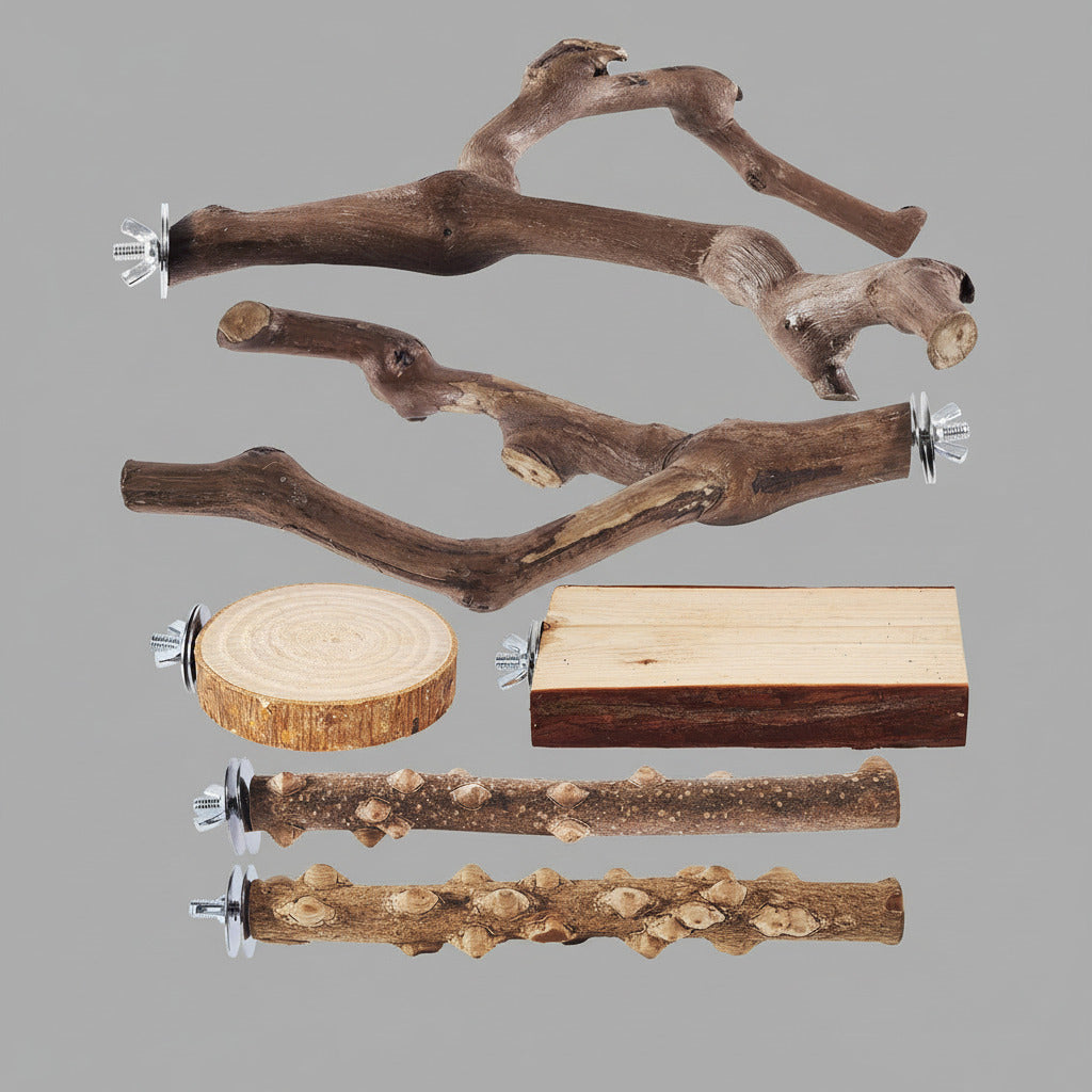 6-Piece Bird Perch Set - Natural Wood Grape Sticks, Paw Grinding Forks, Bird Stand & Toys for Parakeets, Cockatiels, Conure, Budgies